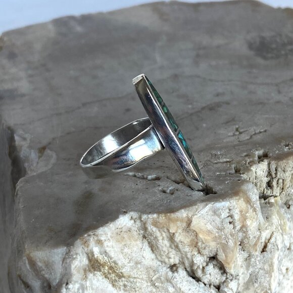 Sterling Silver 925 Southwest Style Elongated Turquoise Chip Inlay Ring Sz 5.5 - Picture 8 of 16